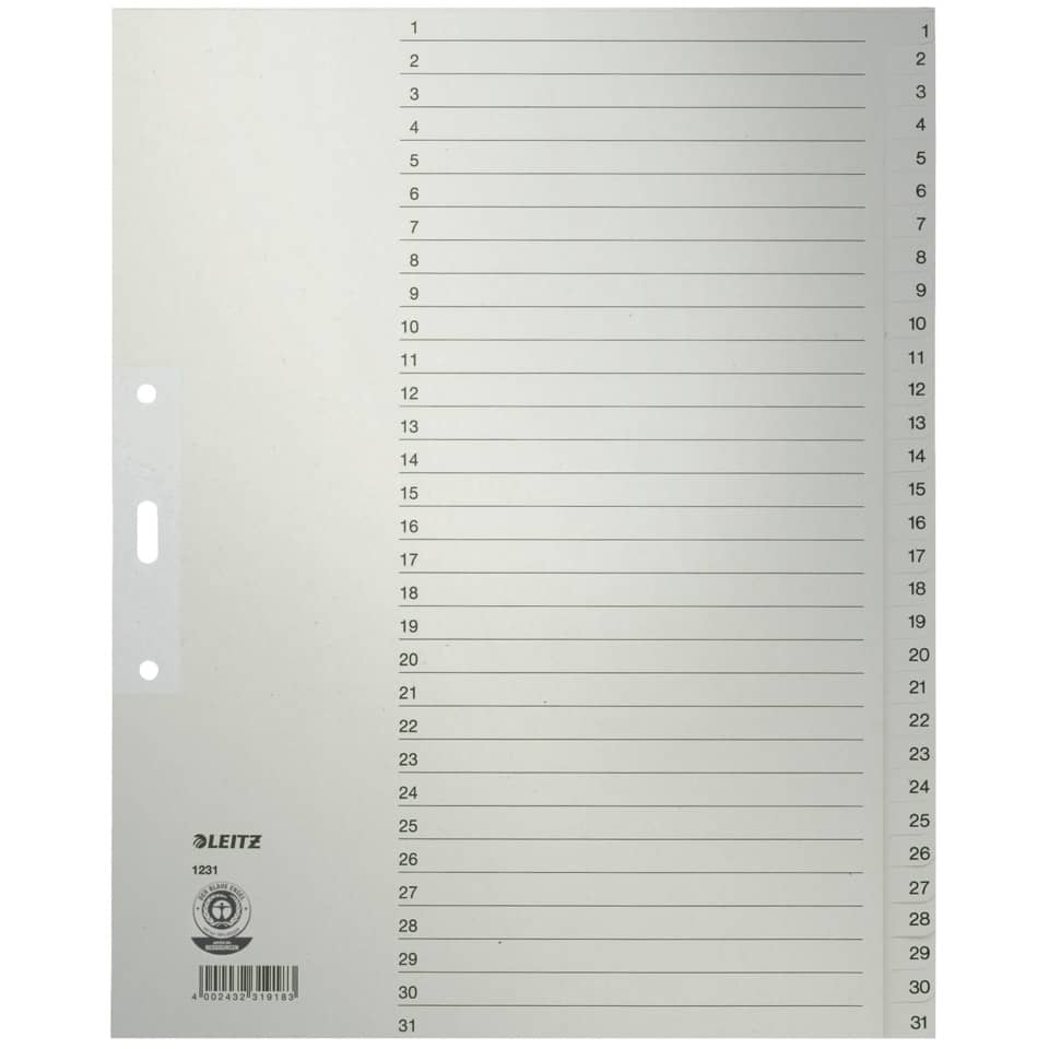 1231 Zahlenregister - 1-31, Papier, A4 Überbreite, 31 Blatt, grau