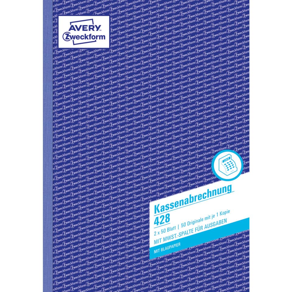428 Kassenabrechnung, DIN A4, mit MwSt.-Spalte, 2 x 50 Blatt, weiß, gelb