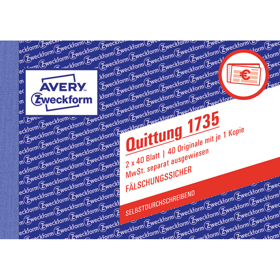 1735 Quittung MwSt. separat ausgewiesen, DIN A6 quer, fälschungssicher, 2 x 40 Blatt, weiß, gelb