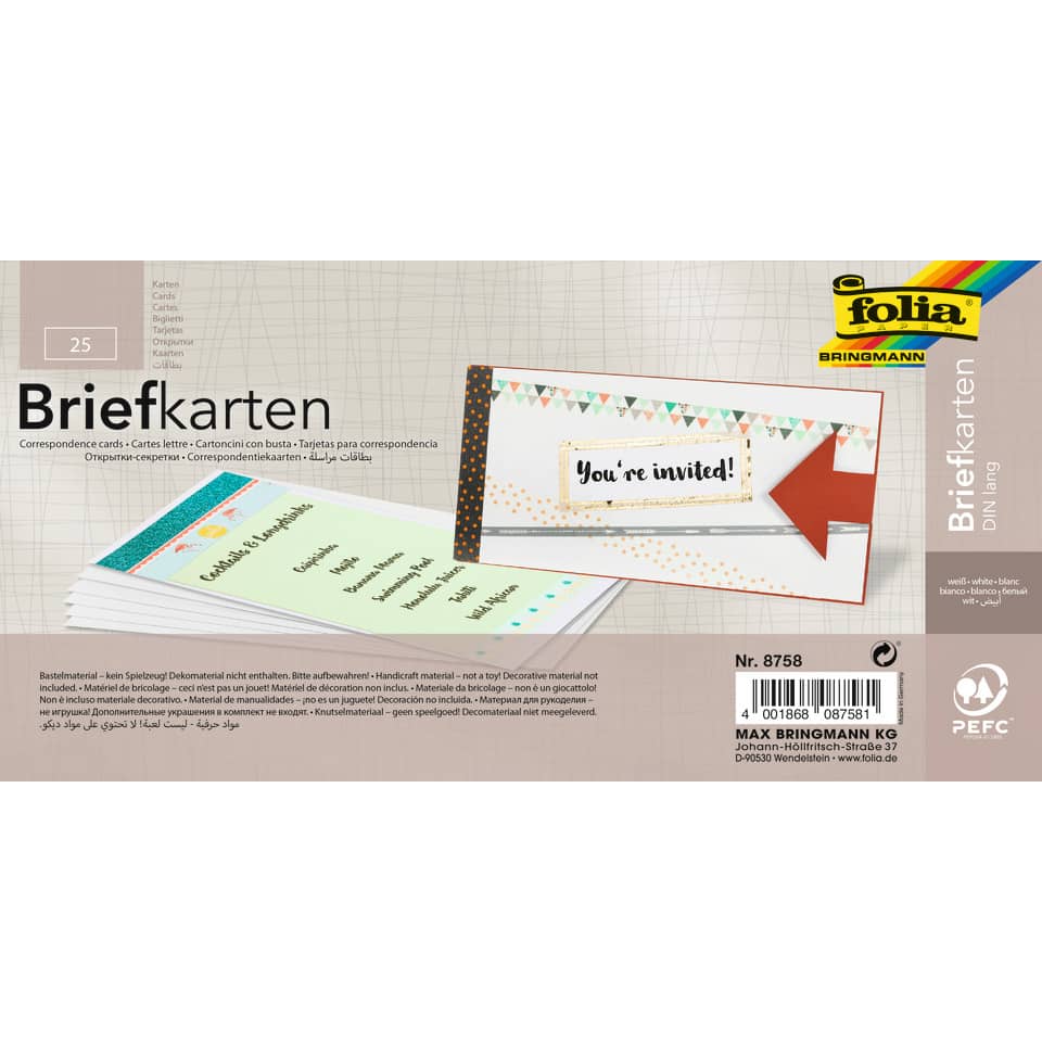 Briefkarte - DL, 190 g/qm, weiß, einfach, 25 Stück