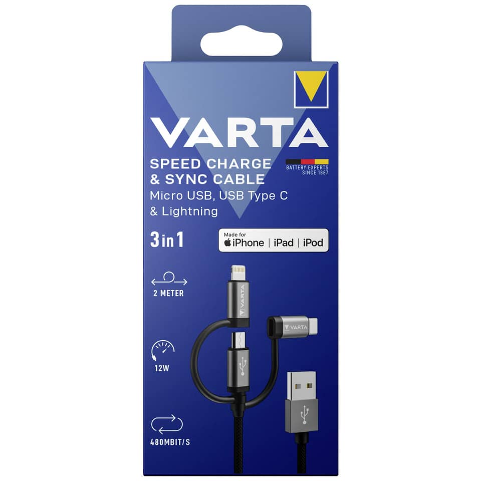 Speed Charge & Sync Kabel 3in1 USB , 2 m, schwarz