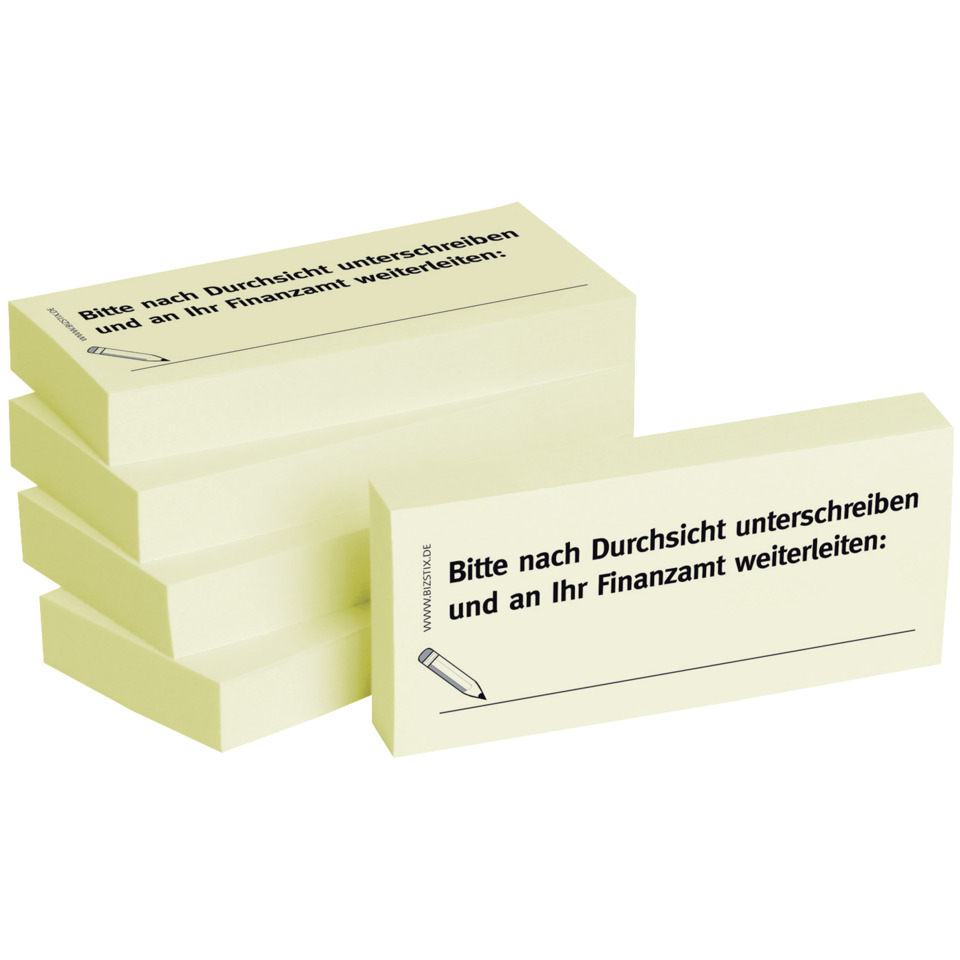Haftnotizen "Bitte nach Durchsicht unterschreiben und an Ihr Finanzamt weiterleiten:" - 75 x 35 mm, 5x 100 Blatt