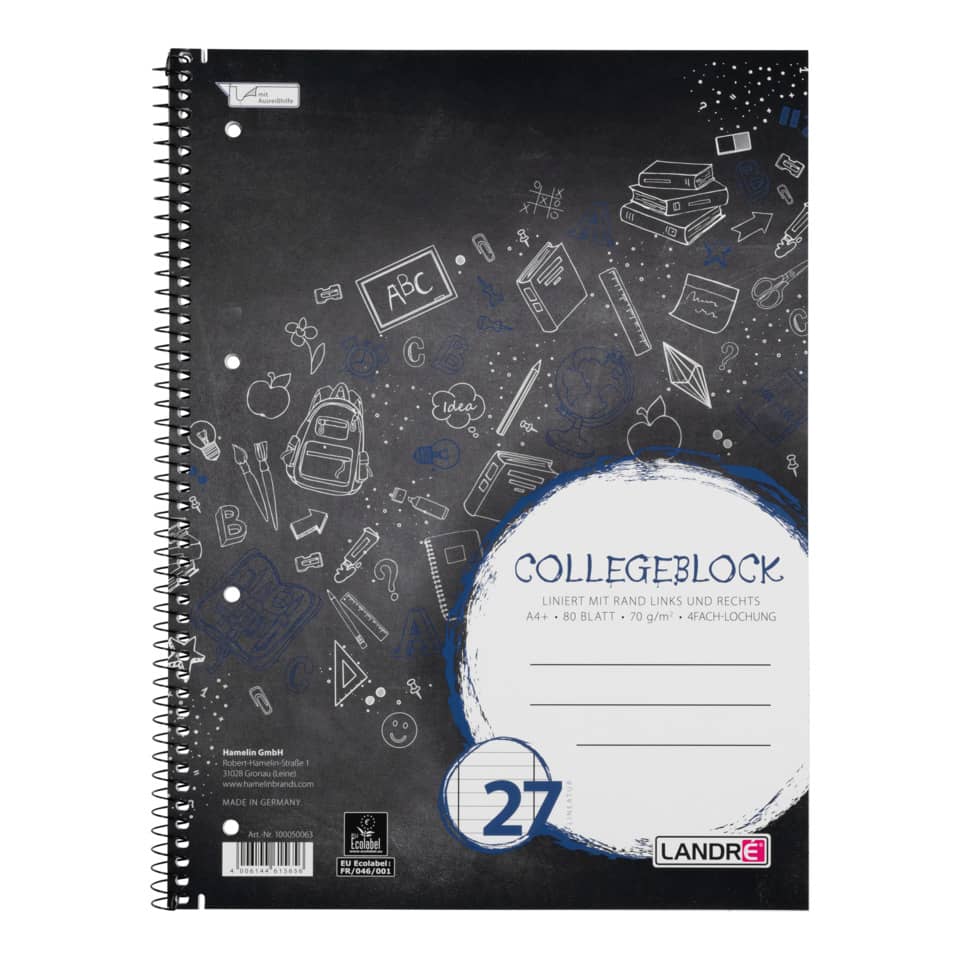 Collegeblock - chlorfrei 70 g/qm, A4+, 9mm liniert, beidseitig Rand, LIN 37, 80 Blatt