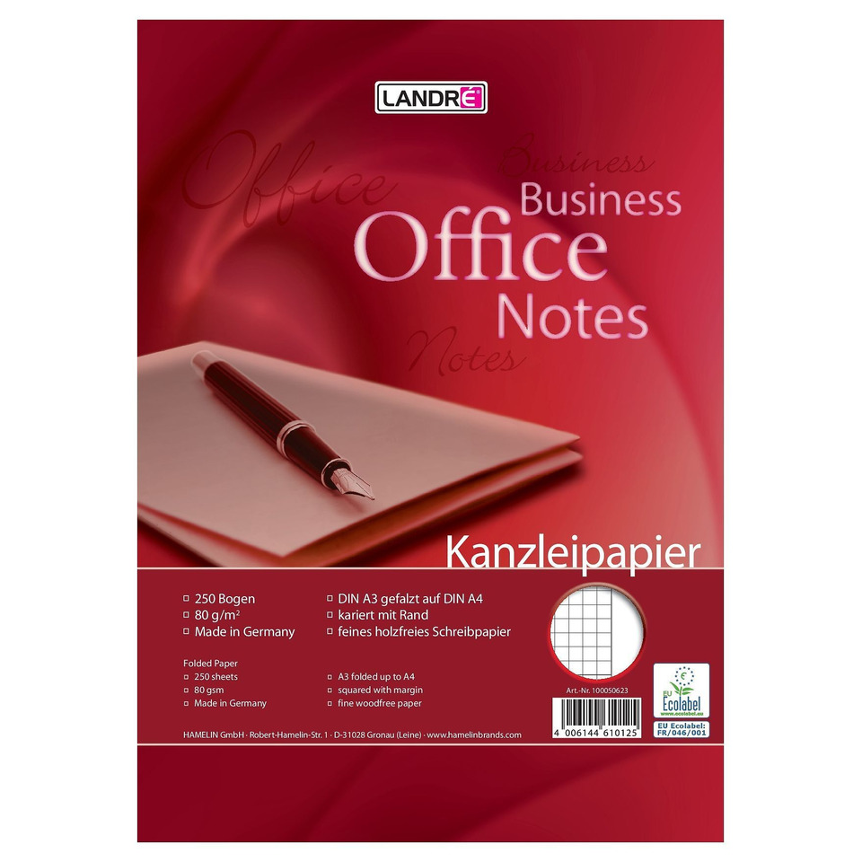 Kanzleipapier - gefalzt A3 auf A4, 250 Bogen, 80g/qm, 5 mm kariert, weißer Rand