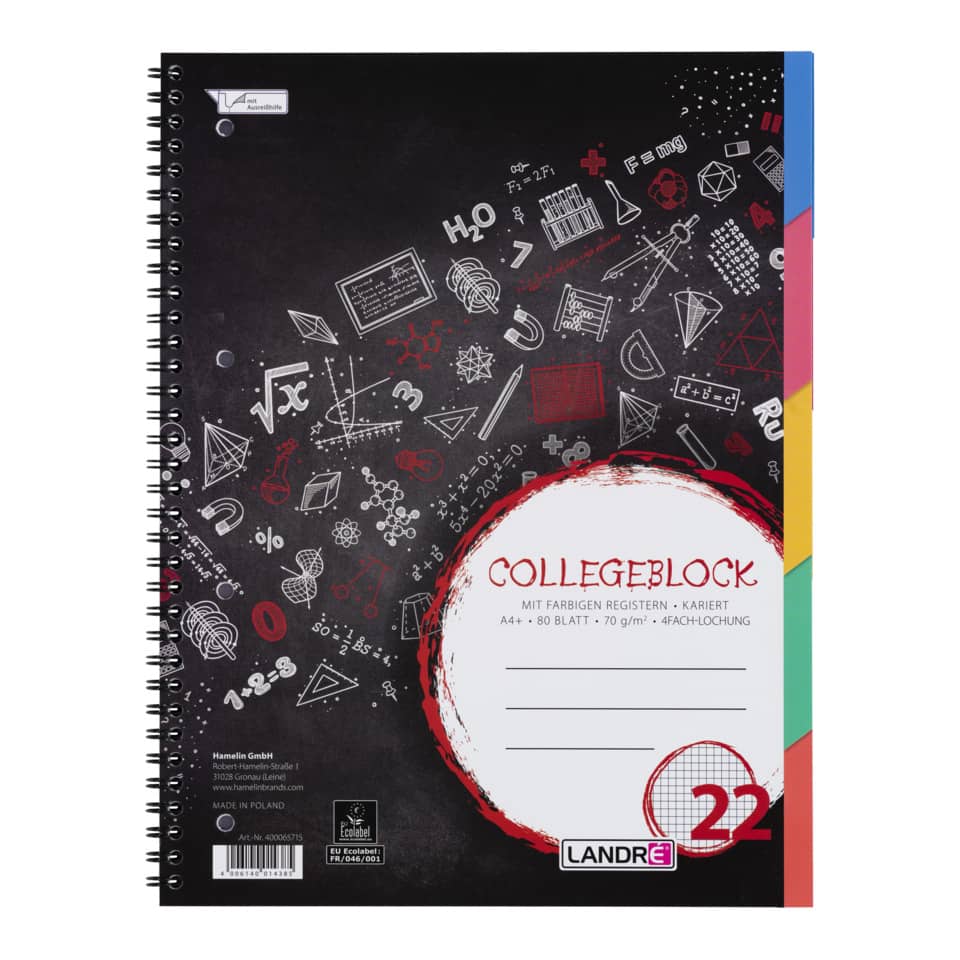 Collegeblock mit Register - A4+, kariert, 70 g/qm, 80 Blatt