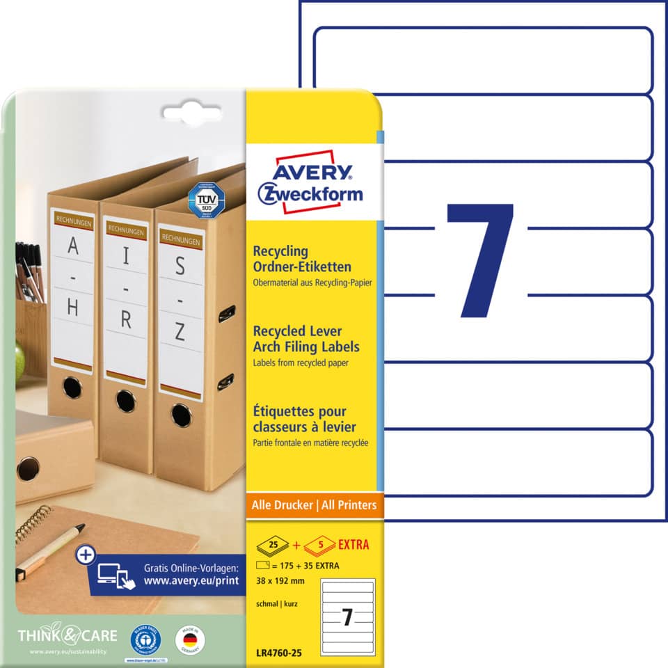 LR4760-25 Recycling Ordnerrücken-Etiketten, schmal/kurz, 38 x 192 mm, weiß, 210 Etiketten