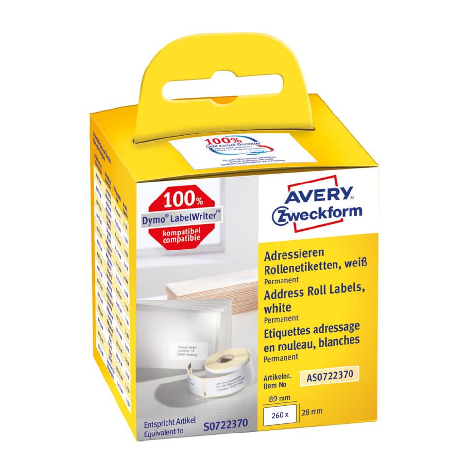 Rollen-Etiketten Adressaufkleber - 28 x 89 mm, weiß, permanent, 2 Rollen/260 Etiketten