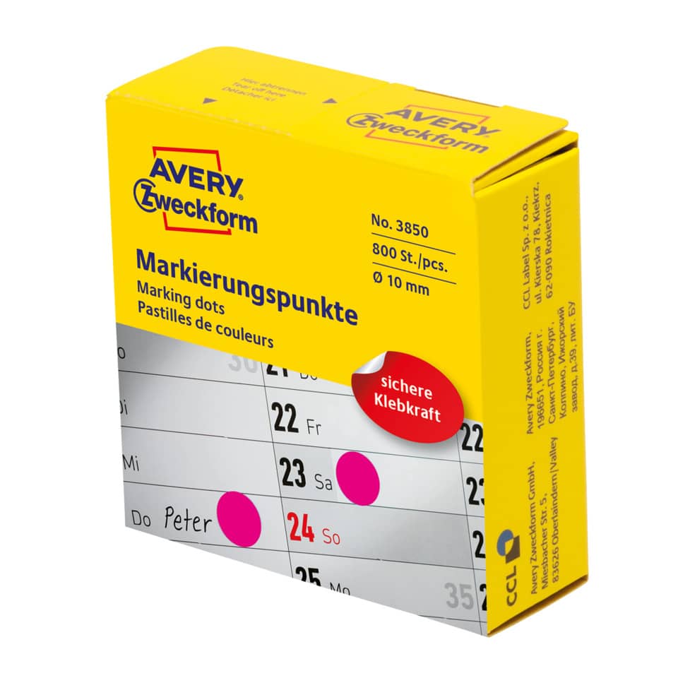 3850 Markierungspunkte - Ø 10 mm, Spender mit 800 Etiketten, magenta