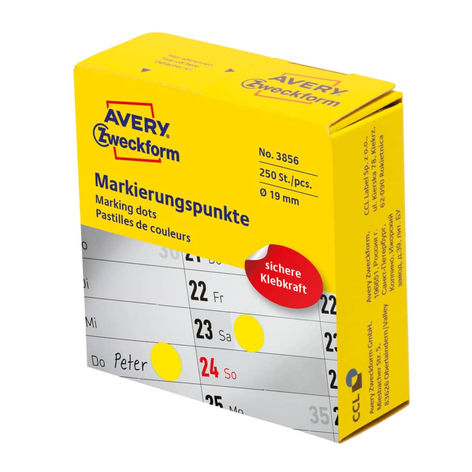 3856 Markierungspunkte - Ø 19 mm, Spender mit 250 Etiketten, gelb