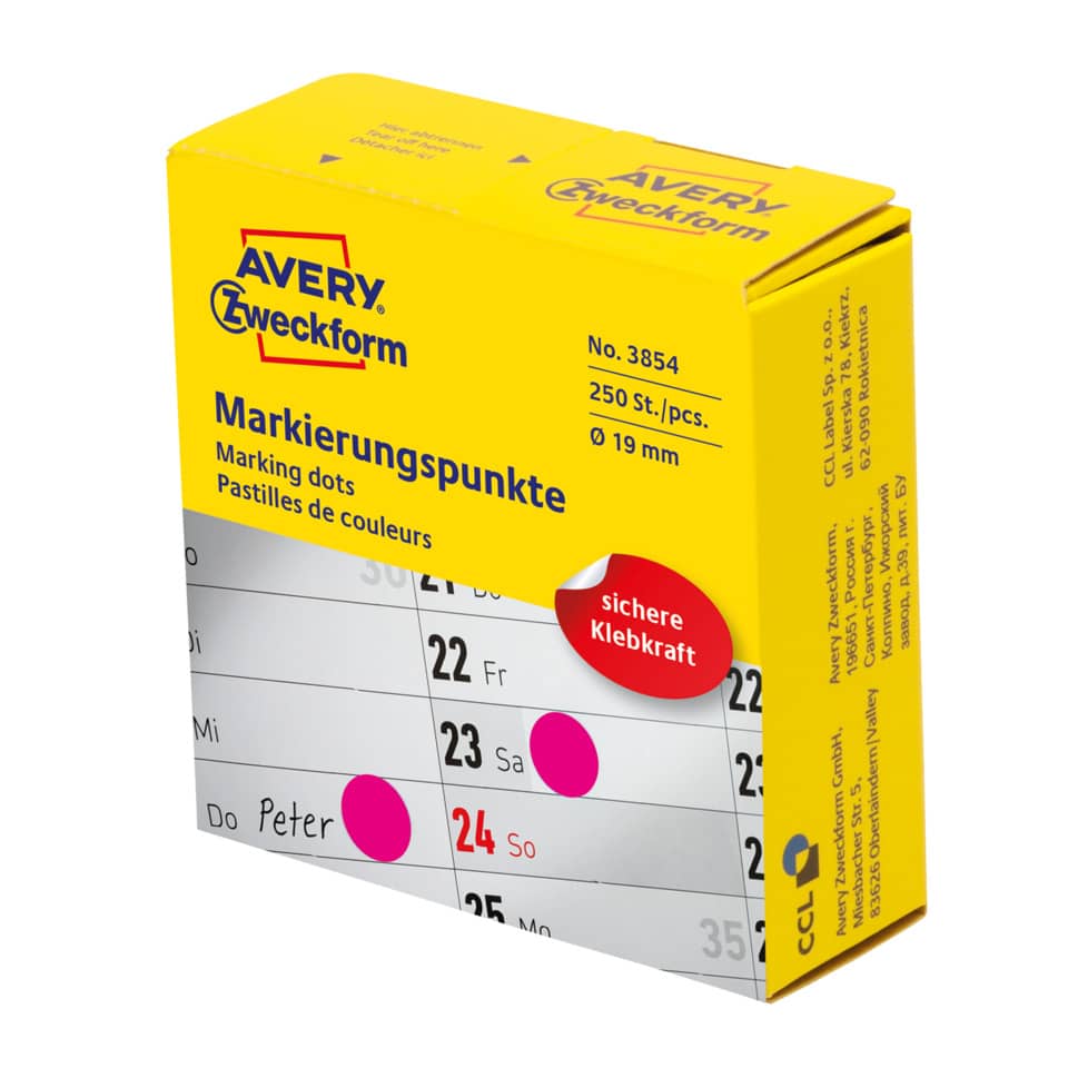3854 Markierungspunkte - Ø 19 mm, Spender mit 250 Etiketten, magenta