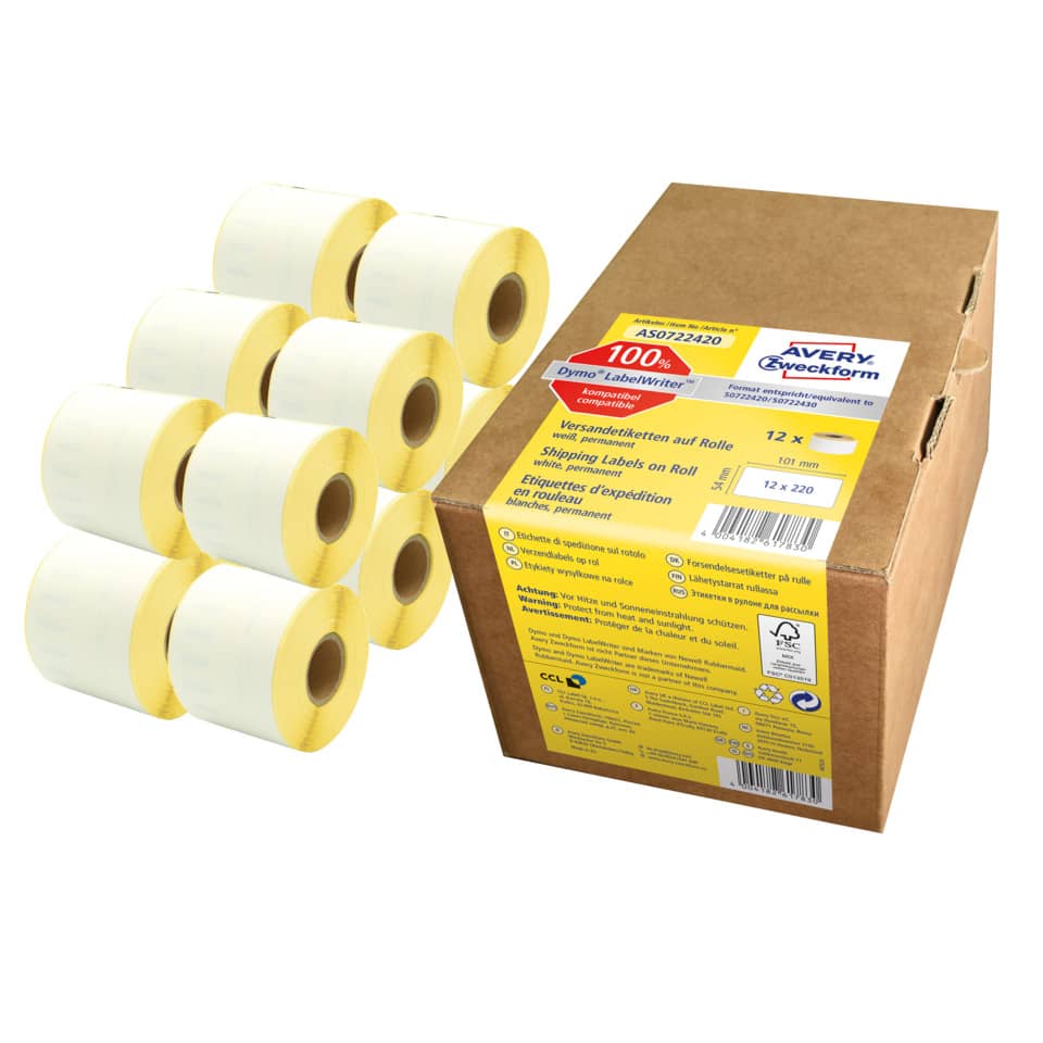 Rollen-Etiketten Paketaufkleber - 54 x 101 mm, weiß, permanent, 12 Rollen/2.640 Etiketten