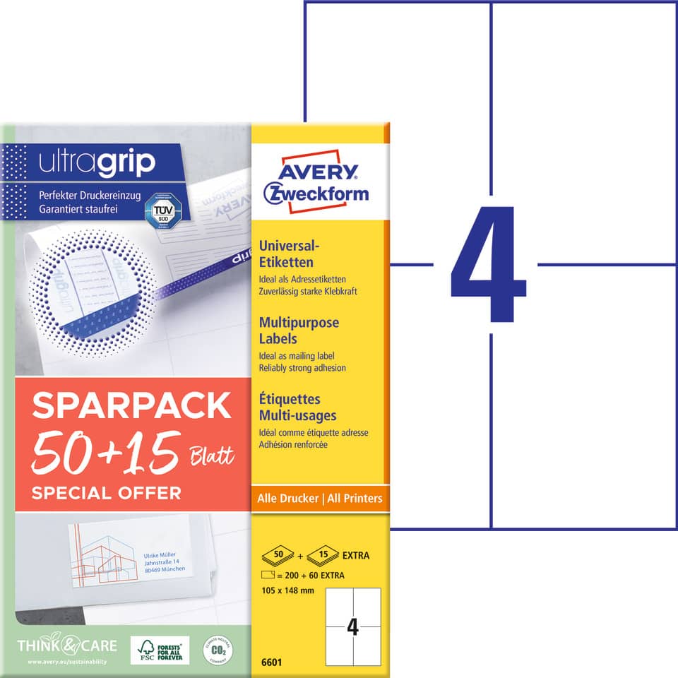 6601 Universal-Etiketten ultragrip - 105 x 148 mm, weiß, 260 Etiketten, permanent