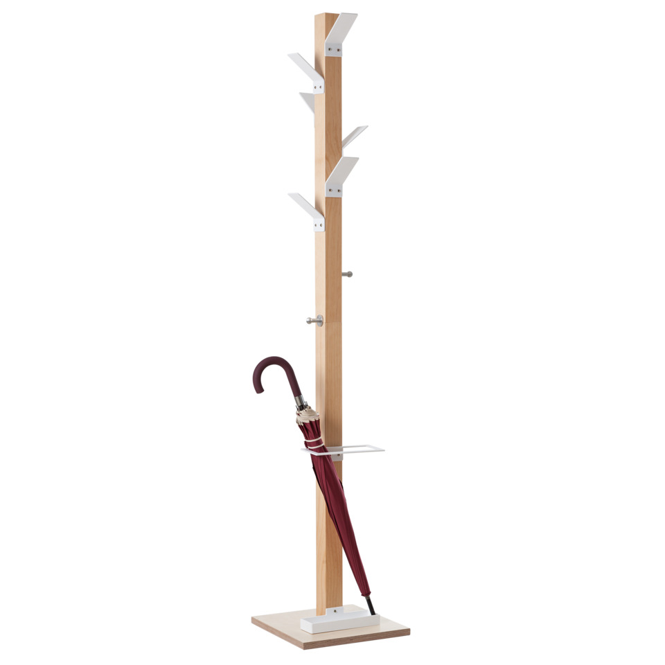 Garderobenständer EasyCloth® Modell A - 6 Haken, 2 Knöpfe, Schirmständer, Holz/weiß