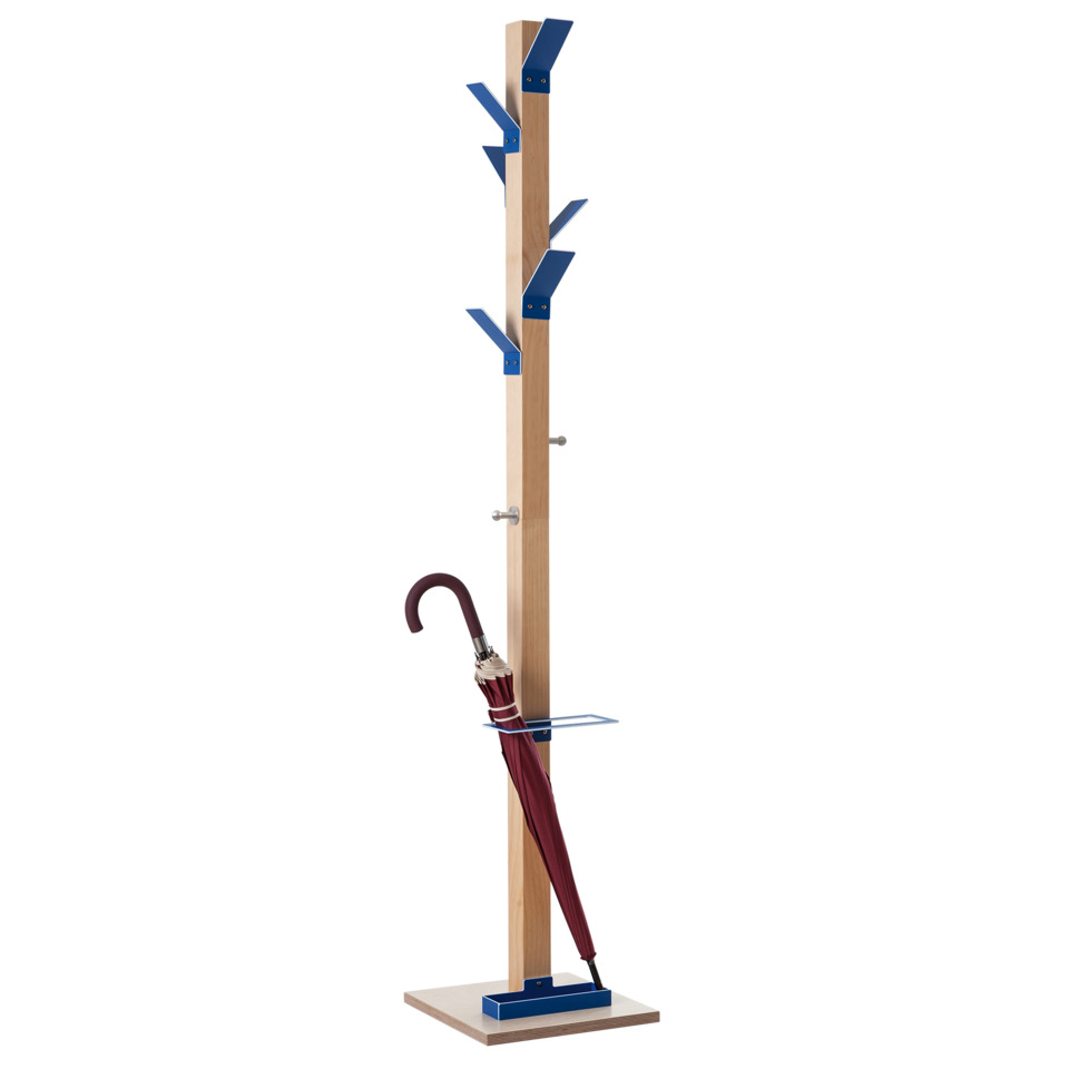 Garderobenständer EasyCloth® Modell A - 6 Haken, 2 Knöpfe, Schirmständer, Holz/blau
