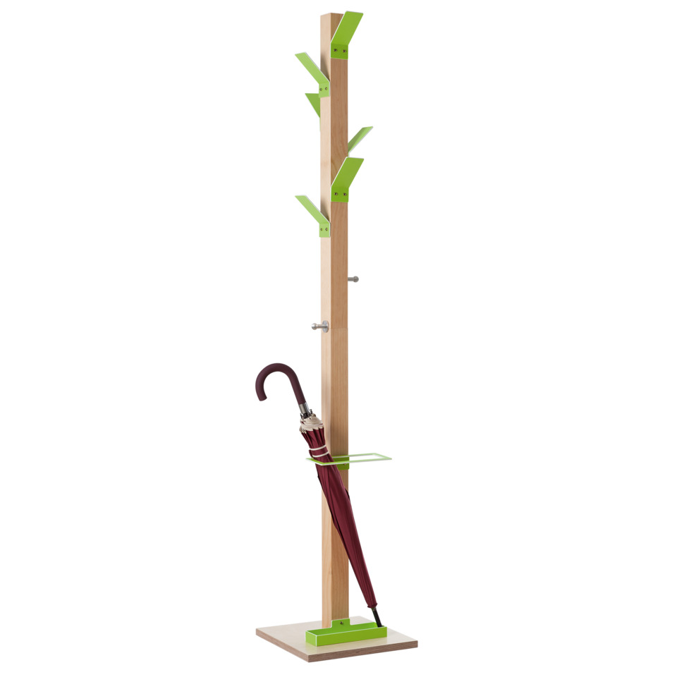 Garderobenständer EasyCloth® Modell A - 6 Haken, 2 Knöpfe, Schirmständer, Holz/grün