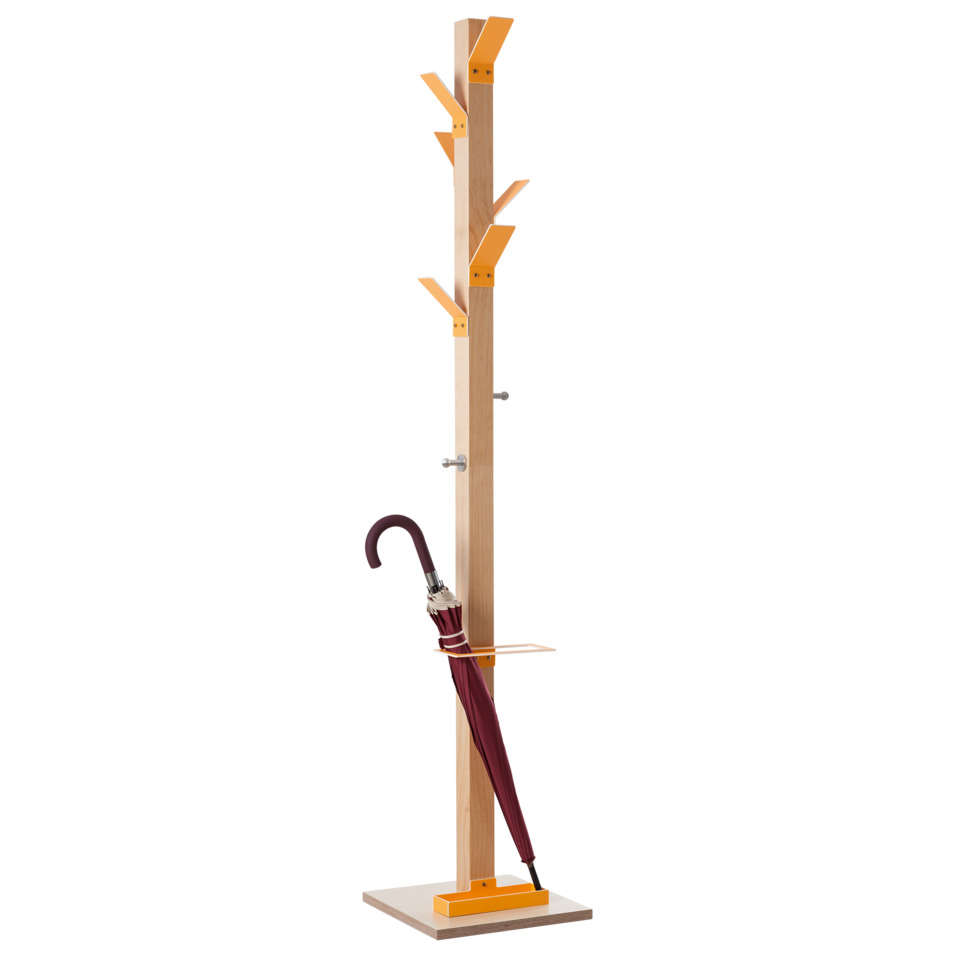 Garderobenständer EasyCloth® Modell A - 6 Haken, 2 Knöpfe, Schirmständer, Holz/orange
