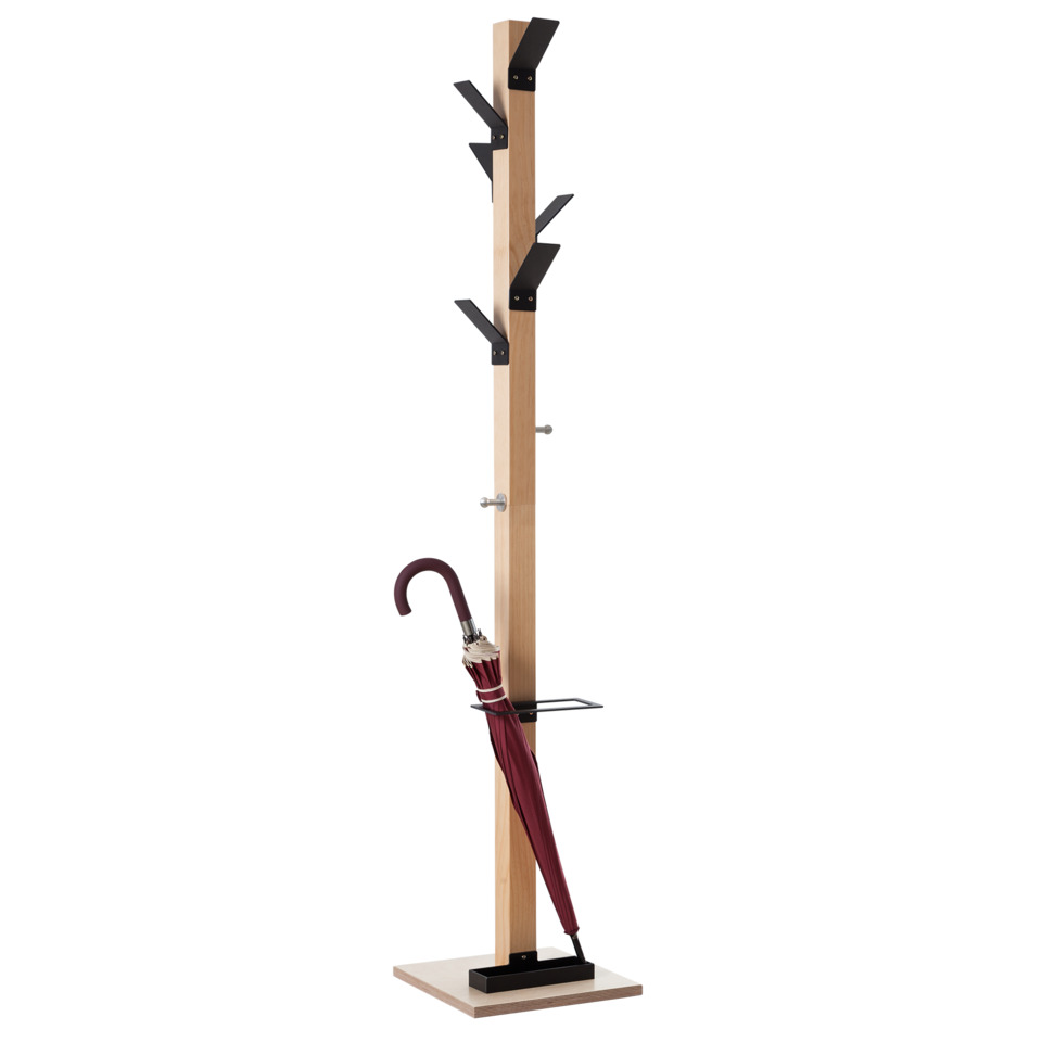 Garderobenständer EasyCloth® Modell A - 6 Haken, 2 Knöpfe, Schirmständer, Holz/schwarz