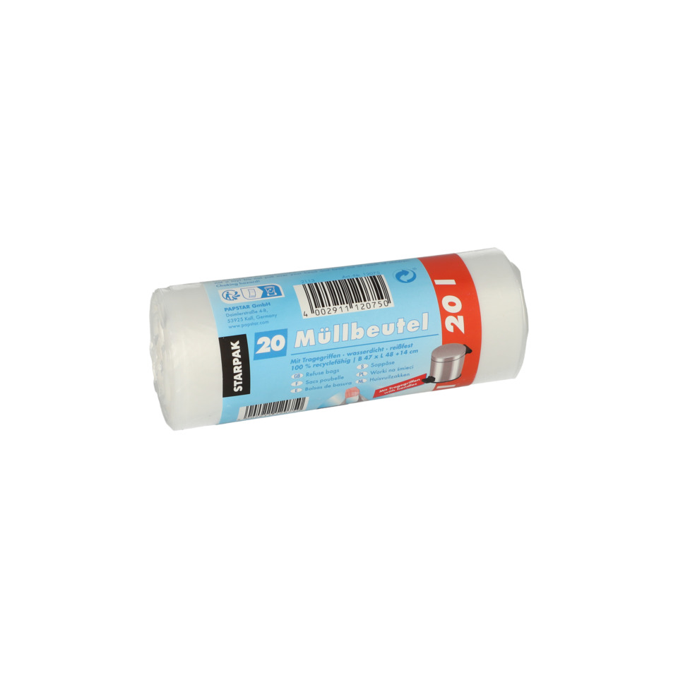 Müllbeutel mit Tragegriffen - 20 L, HDPE, transparent, 20 Stück