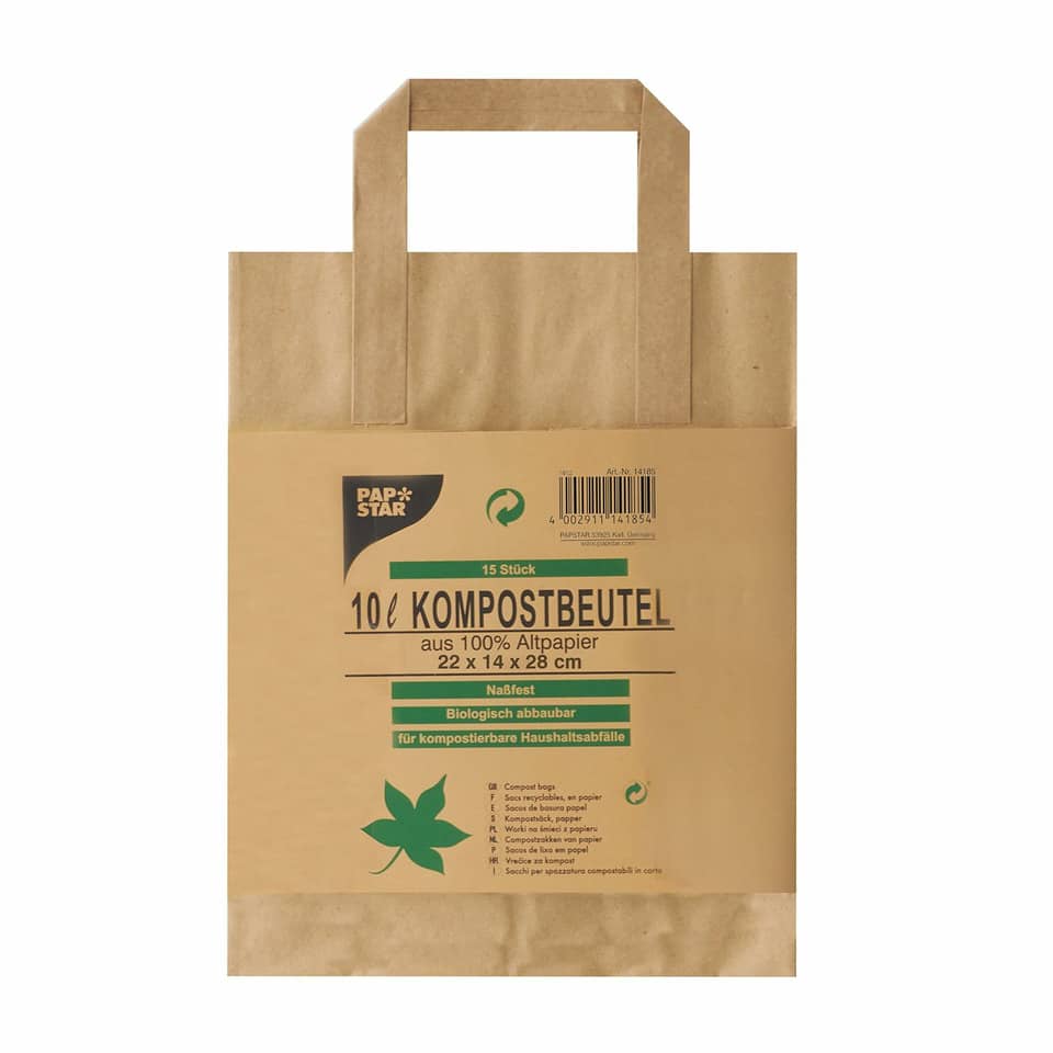 Kompostbeutel - 10 L, Papier mit Henkel, braun, bedruckt