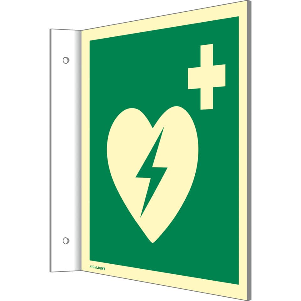 Fahnenschild Automatisierter ext. Defibrillator ISO 7010, Kunststoff langnachleuchtend, 20x20 cm