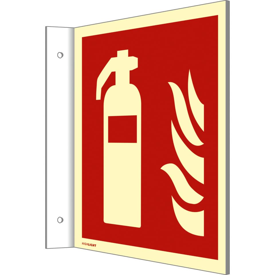 Fahnenschild Feuerlöscher ISO 7010, Kunststoff langnachleuchtend, 14,8 x 14,8 cm