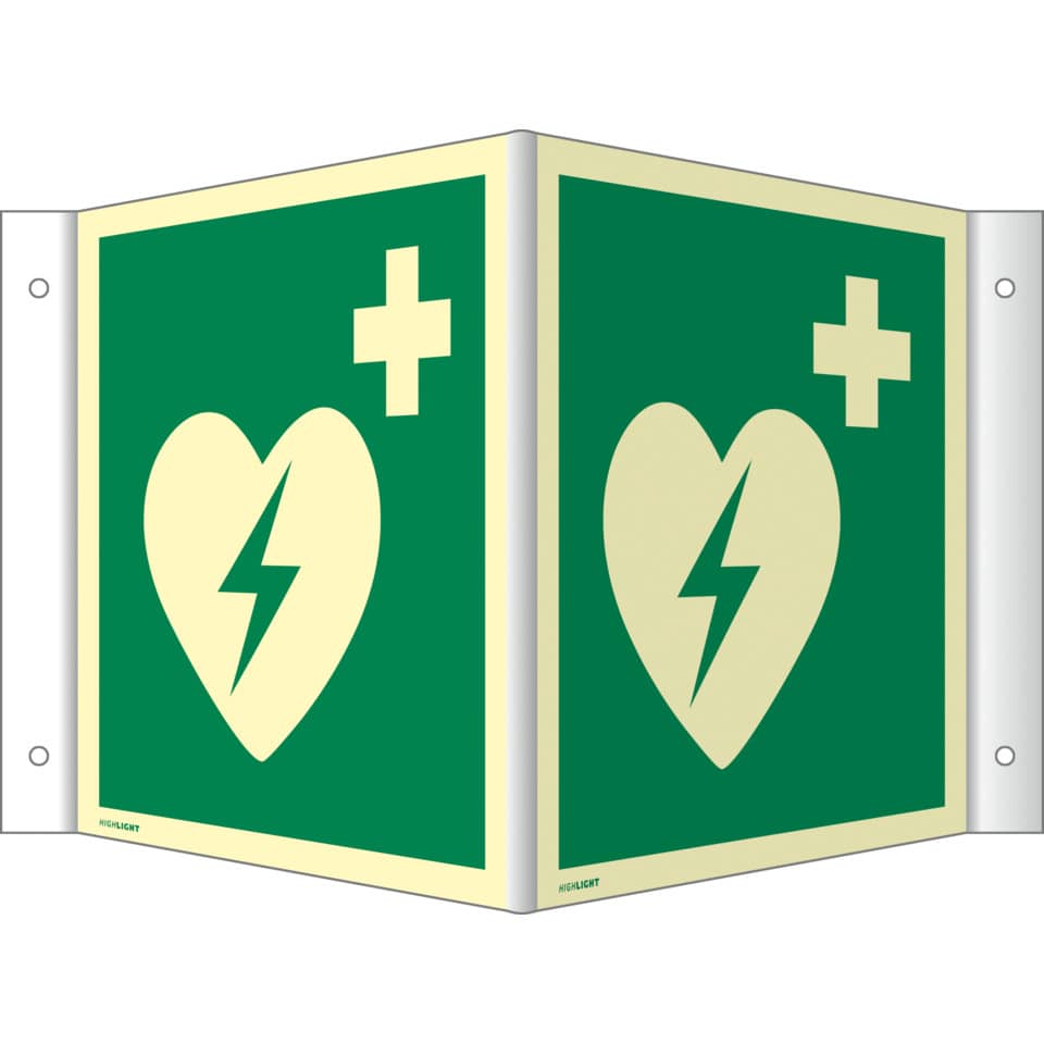 Winkelschild Automatisierter ext. Defibrillator ISO 7010, Kunststoff langnachleuchtend, 20x20 cm