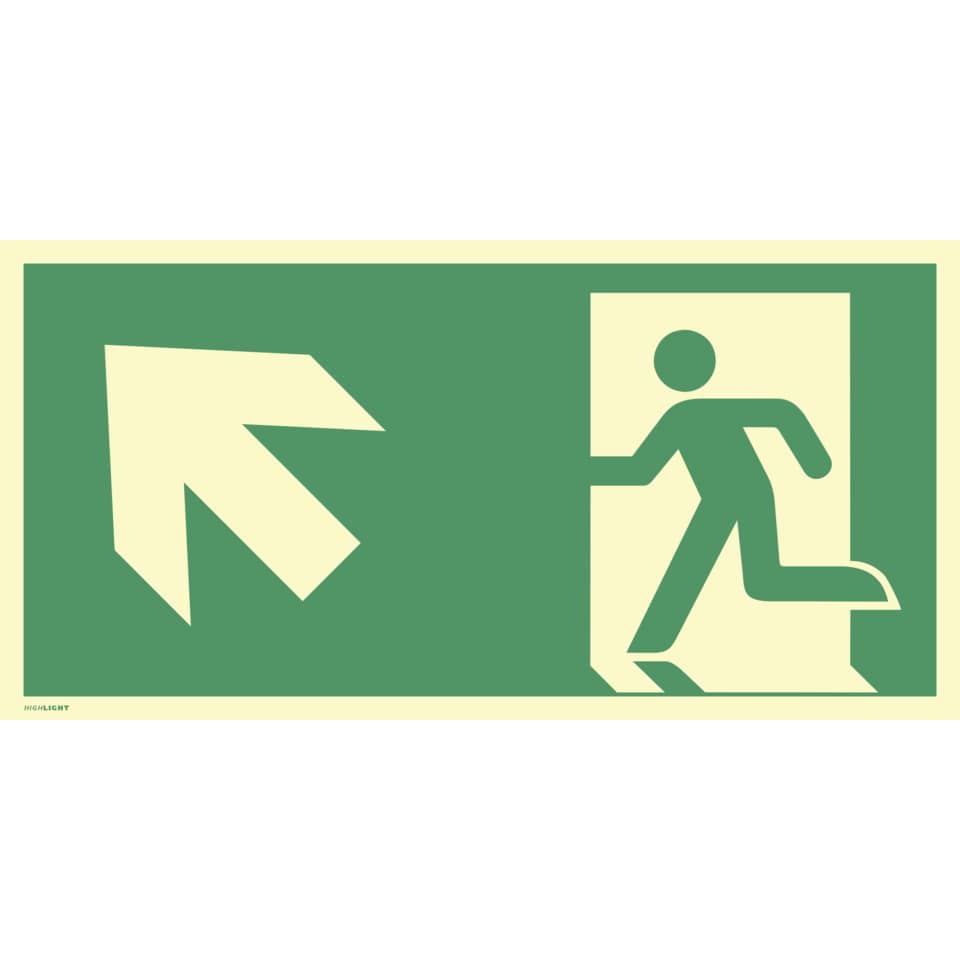 Notausgang links aufwärts, ISO 7010, Folie, nachleucht., 160-mcd, 297x148 mm