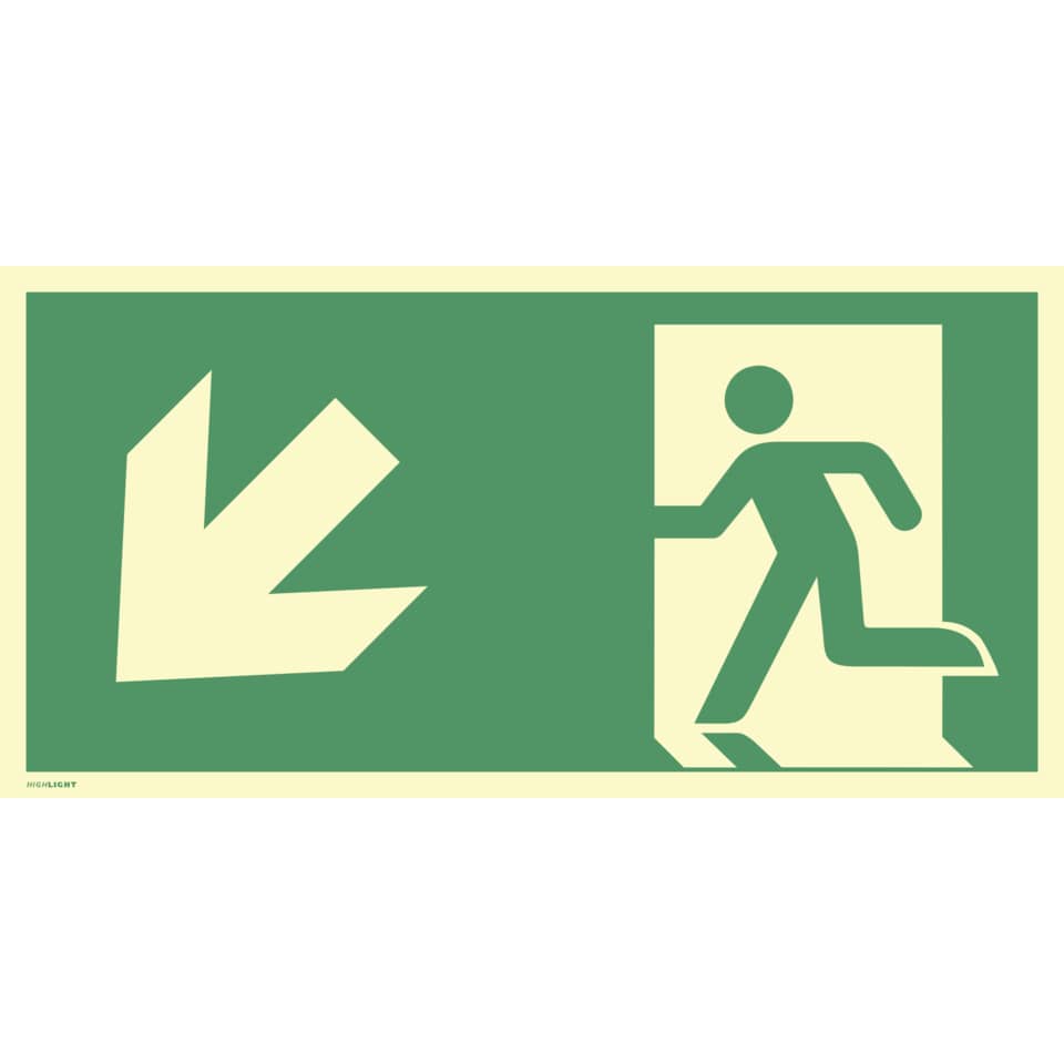 Notausgang links abwärts, ISO 7010, Folie, nachleucht., 160-mcd, 297x148 mm