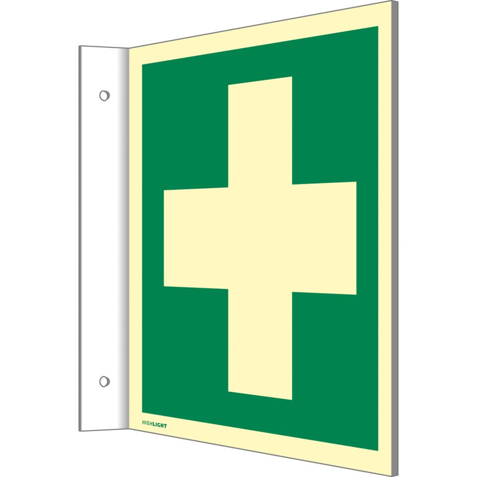 Fahnenschild Erste Hilfe, ISO 7010, Kunststoff, nachleucht.,160-mcd, 148x148 mm