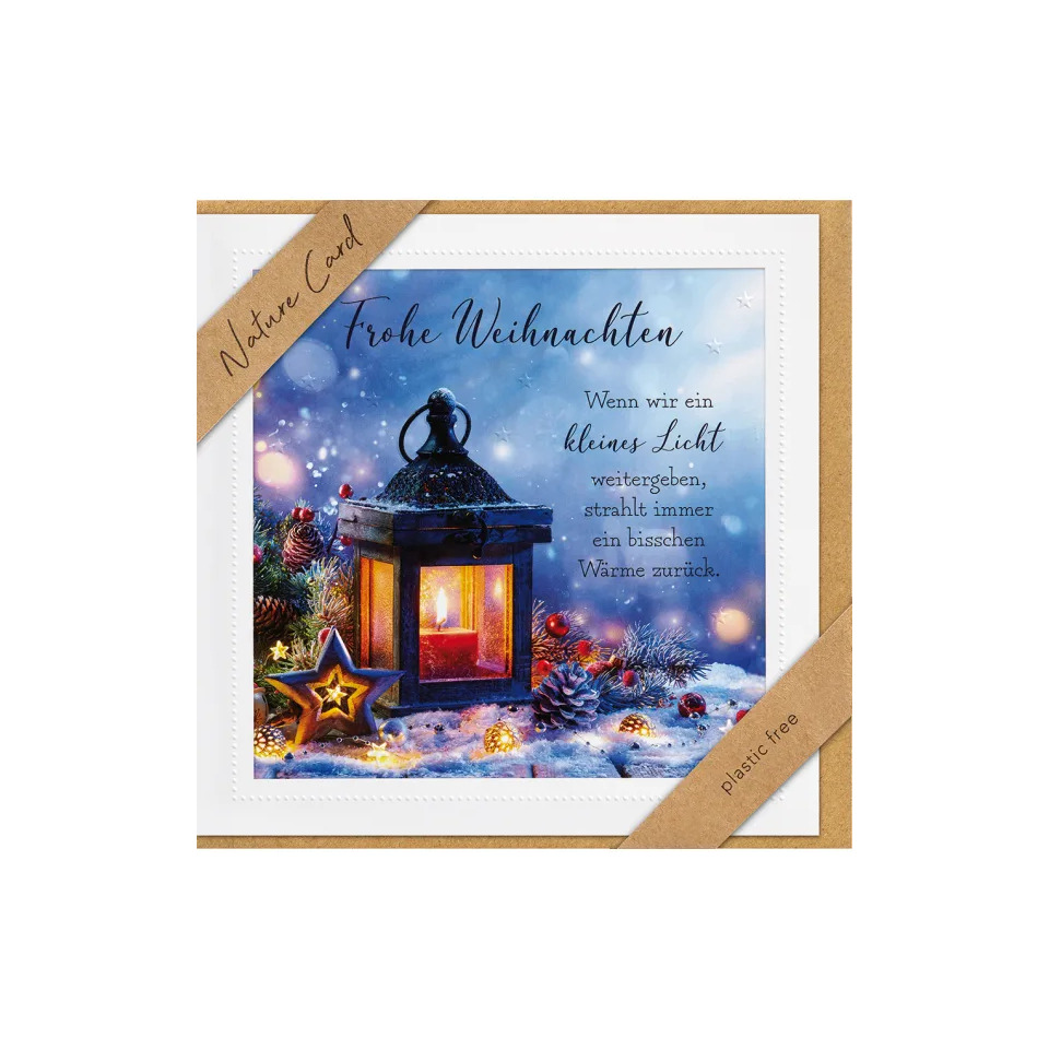 Weihnachtskarte Nature Cards Handmade - Glückwunschkarte im Format 15,5 x 15,5 cm mit Briefumschlag  Laterne im Schnee