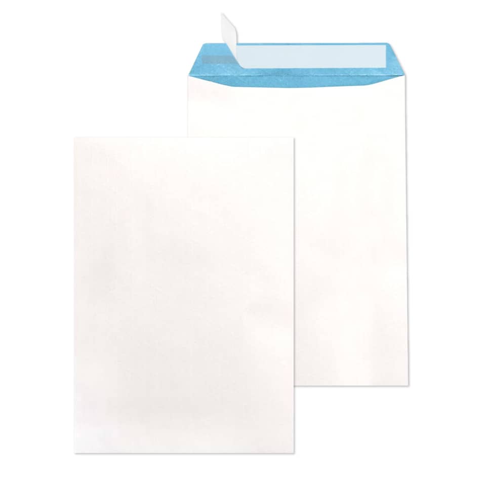 Versandtasche, fadenverstärkt, B4, haftklebend mit Abdeckstreifen, ohne Fenster, weiß/blau, 140 g/m²