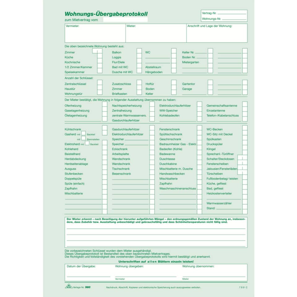 Wohnungs-Übergabeprotokoll - SD, 1 x 3 Blatt, DIN A4