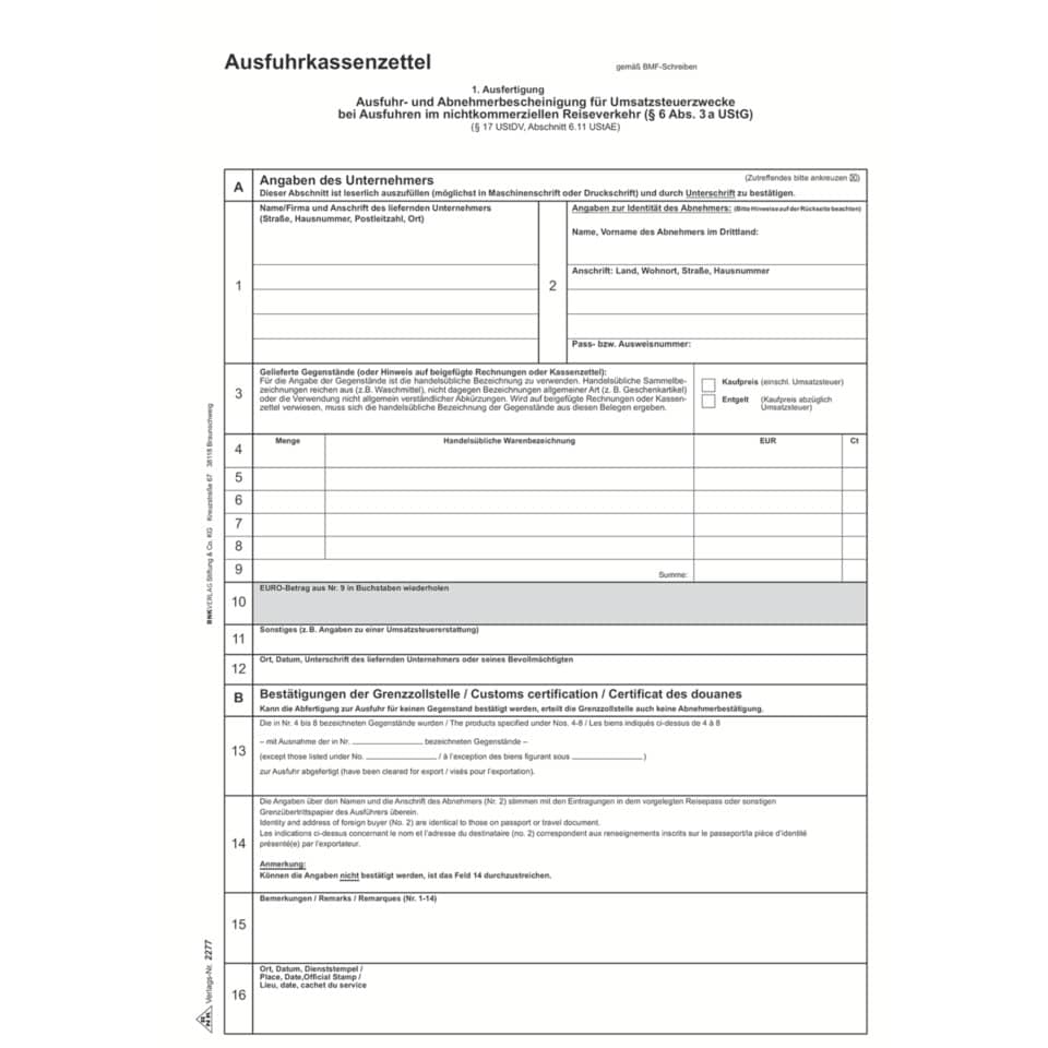 Ausfuhrkassenzettel / Abnehmerbescheinigung Umsatzsteuer - SD, 1x3 Blatt, DIN A4