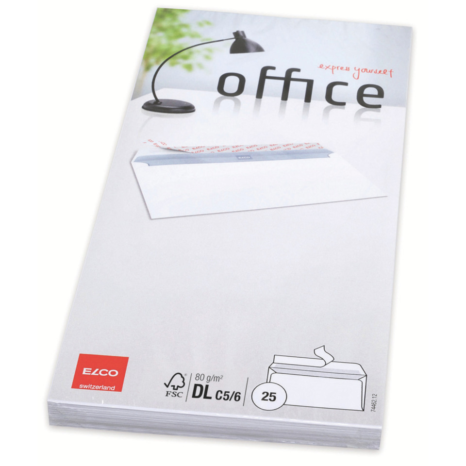 Briefumschlag Office - C5/6, hochweiß, haftkelbend, Innendruck, ohne Fenster, 80 g/qm, 25 Stück.