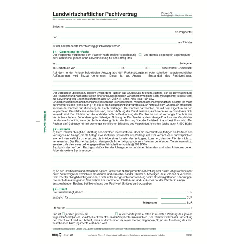 Landwirtschaftlicher Pachtvertrag, 4 Seiten, gefalzt auf DIN A4