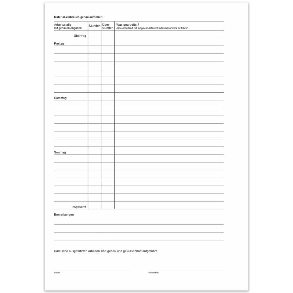 Wochenzettel - Block, 100 Blatt, DIN A4, Montag - Sonntag