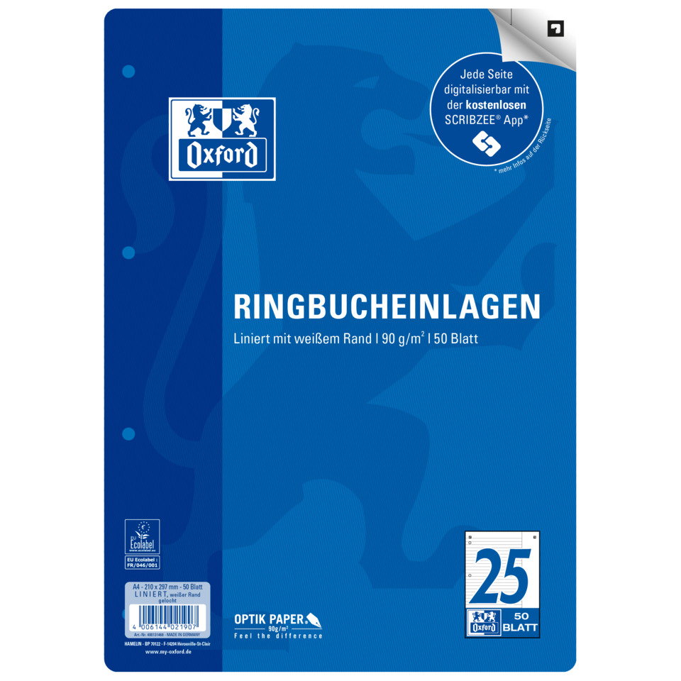 Ringbucheinlage LIN25 - A4, liniert, 90g/qm, 4-fach gelocht, 50 Blatt