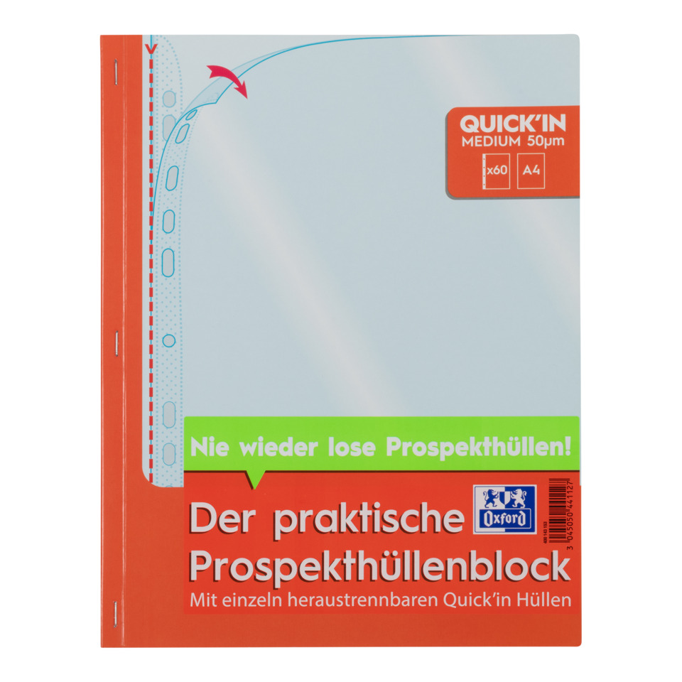 Prospekthüllenblock Economy Quick´In A4, PP, 0,05mm, glasklar, blendfrei, dokumentenecht, oben offen (extra weit), 60 Stück