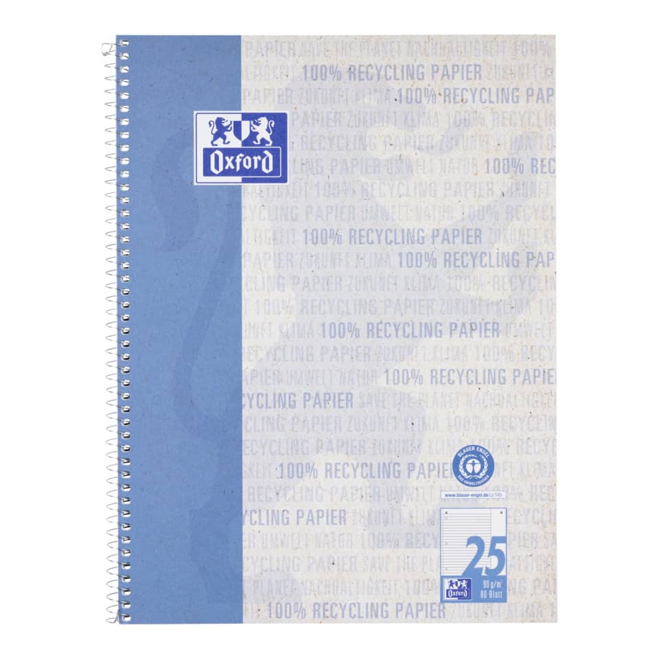Collegeblock Recycling LIN 25 - A4+, 80 Blatt, liniert Rand rechts, blau
