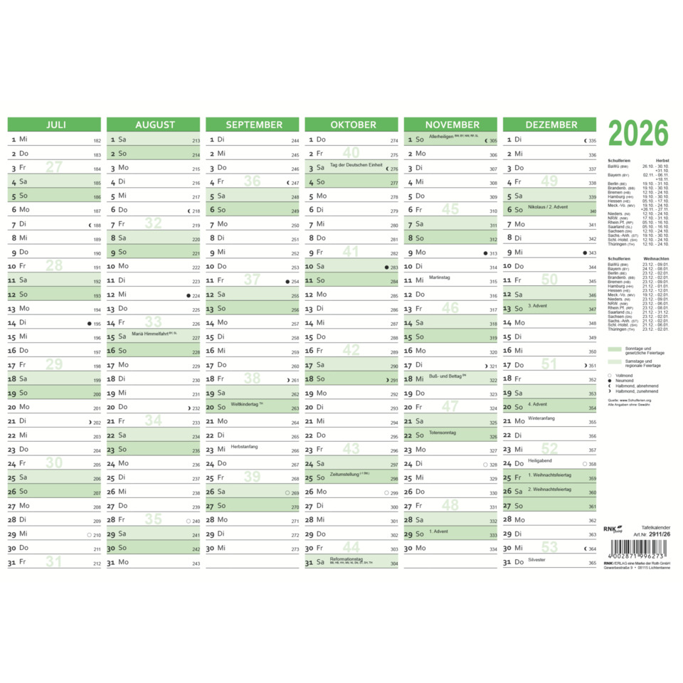 Tafelkalender 2026 - A5 quer, 2x 6 Monate, 210 x 148 mm