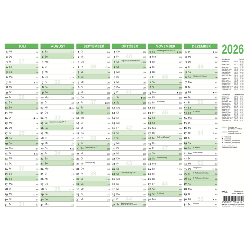 Tafelkalender 2026 - B4 quer, 2x 6 Monate, 353 x 250 mm
