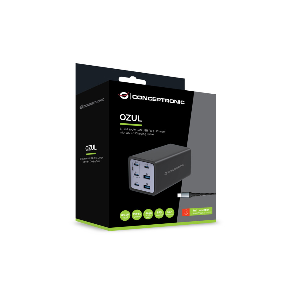 USB-Ladegerät PD 3.1, USB-C-Ladekabel, 6-Port 200W GaN , USB-C x 4, USB-A x 2, QC 3.0, PD 3.1