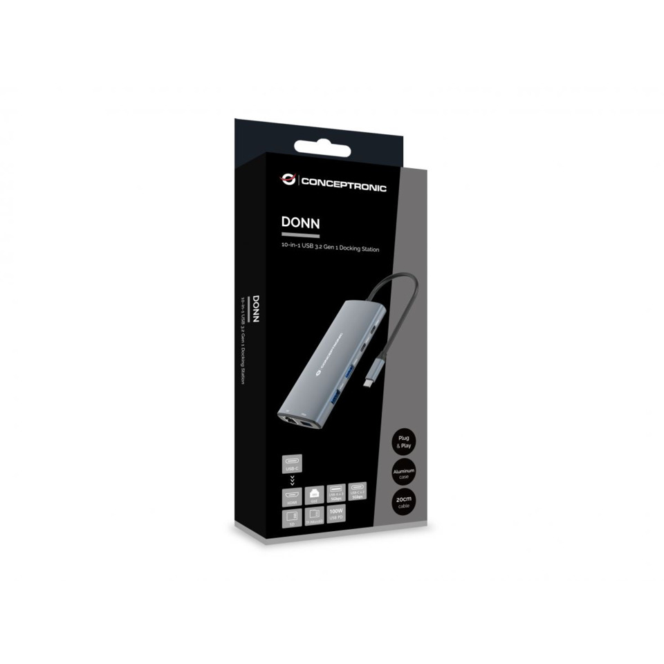 Dockingstation 10-in-1 USB 3.2 Gen 1, HDMI, 100W USB PD, USB-C 5Gbps x 2, USB-A 5Gbps x 3, SD, TF/MicroSD, GbE