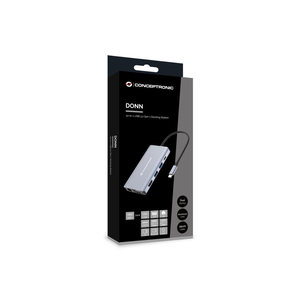 Dockingstation 10-in-1 USB 3.2 Gen 1, HDMI, VGA, USB-A 5Gbps, USB-C 5Gbps, SD, TF/MicroSD, Audio, GbE LAN, 100W USB PD