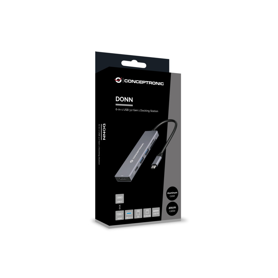 Dockingstation 6-in-1 USB 3.2 Gen 1, USB 3.0 x 2, 100W USB PD, 4K60Hz HDMI, SD, TF/MicroSD