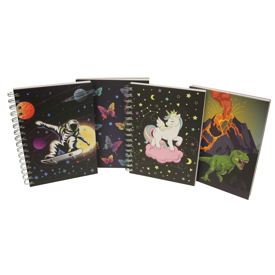 Spiralnotizbuch glow in the dark, A5, 80g/m², 96 Blatt, kariert, sortiert