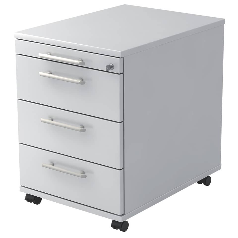 Hammerbacher Rollcontainer SOLID - 42,8 x 59 x 58 cm, 3 Schübe, Relinggriff, Weiß