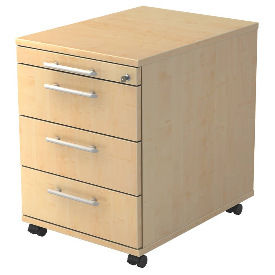 Hammerbacher Rollcontainer SOLID - 42,8 x 59 x 58 cm, 3 Schübe, Relinggriff, Ahorn