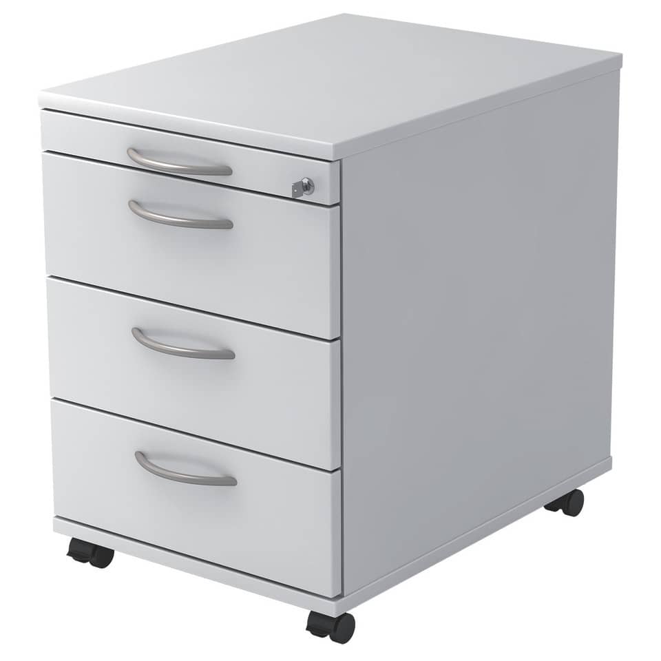 Hammerbacher Rollcontainer SOLID - 42,8 x 59 x 58 cm, 3 Schübe, Bogengriff, Weiß