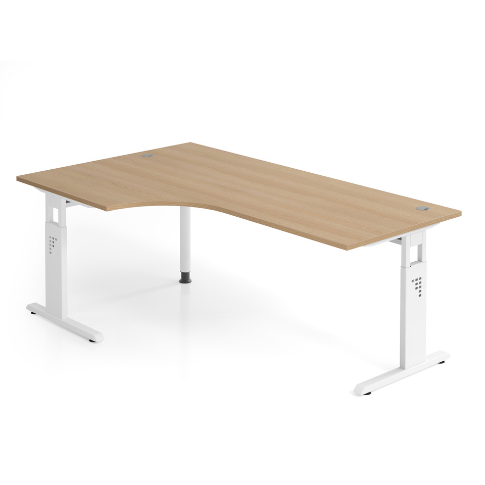 Hammerbacher Winkeltisch C-Fuß-Gestell rund -200 x 65-85 - 120 cm, höhenverstellbar, Winkel 90°, Eiche/weiß